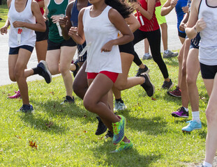 Young girls running in a high school cross country 5K race