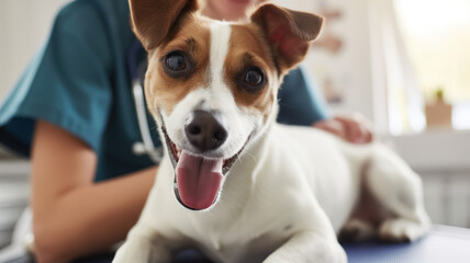 Funny smiling jack russel dog at a veterinarian's appointment laying on the table, a doctor in a...