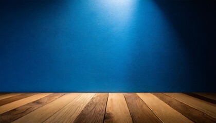 beautiful versatile backdrop for design and product presentation with blue wall light reflections and wooden floor