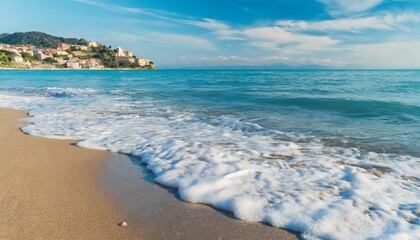 Fototapeta na wymiar beautiful light blue seashore with sea foam italian beach natural marine background