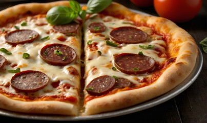 Pizza with sausage, herbs, spices and cheese