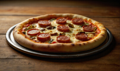 Pizza with sausage, herbs, spices and cheese