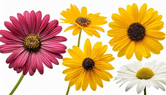 collection head daisies flowers isolated on white background perfectly retouched full depth of field on the photo flat lay top view floral pattern object