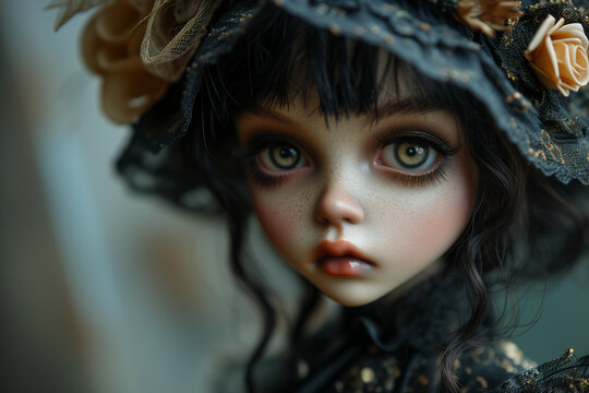 Portrait of a Ball-jointed Doll with Large Hazel Eyes and Black Hair, Victorian Fashion