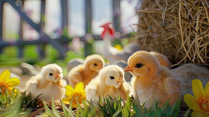 atural behavior of one-day-old chicks, including their interactions with each other and their environment, a scene of busy farm life.