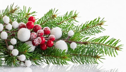 green christmas pine twigs and snowberries in a festive corner arrangement isolated on white or transparent background