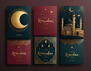 Ramadan Kareem greeting cards set. Ramadan islamic holiday invitations templates collection with gold crescent moon, hand drawn lettering and mosque. Vector illustration.