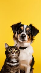 Vertical image of a beautiful dog and cat with funny expression on a yellow background