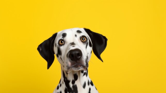 nice dalmata dog with funny gesture on a yellow background
