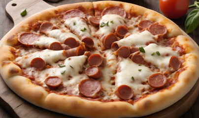 Pizza with sausage, herbs, spices and cheese