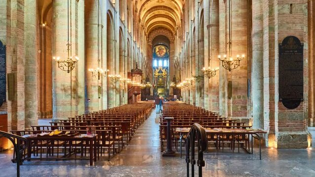 TOULOUSE, FRANCE - MARCH 12 2018: Basilica of Saint-Sernin (Basilica de Sant Sarnin) is former abbey church of Abbey of St Saturnin. In 1998 basilica was added to the UNESCO World Heritage Sites.