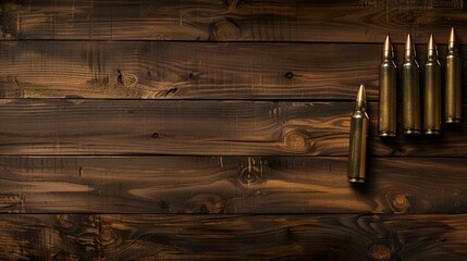 Ammunition for rifle or carbine on wooden background. Close-up of ammunition with shiny bullet. Military firepower concept. - obrazy, fototapety, plakaty