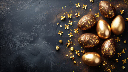 Luxurious background with decorative golden Easter eggs surrounded by delicate golden flowers on dark textured surface