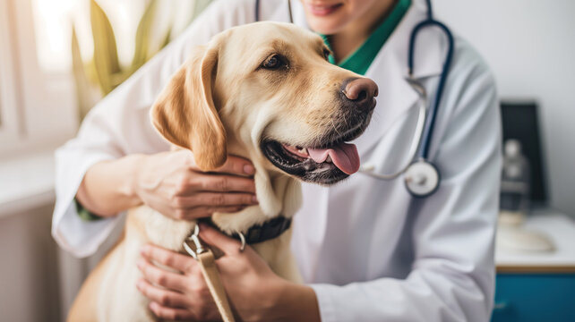 Veterinarian petting white dog after inspection of its health, doctor in a medical gown and gloves at the background