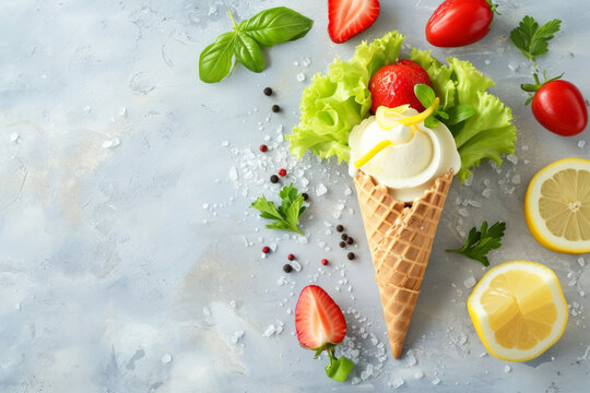 Ice cream cone topped with fresh vegetables and lemon presented in a flat lay style Copy space image Place for adding text or design. Vegan healthy eating conceptual still life. Healthy fresh vegetabl