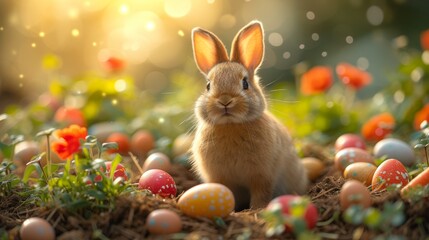 Cute Easter bunny surrounded by colorful eggs in a springtime garden. Joyful Easter scene with a bunny and festive eggs in the sunlight