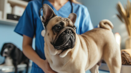Pug dog at a veterinarian's appointment sitting on the table, a doctor in a medical gown in the background