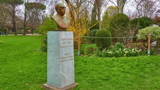TOULOUSE, FRANCE - MARCH 20 2018: Monument to Jean Cassou in Garden of plants in Toulouse, France. He was a French writer, art critic, poet, member of French Resistance during World War II.