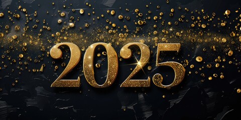 Gold numbers 2025 on a black luxury background with gold splashes. New Year banner