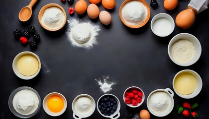 Baking utensils and cooking ingredients for tarts, cookies, dough and pastry. Flat lay with eggs, flour, sugar, berries.Top view, mockup for recipe, culinary classes, cooking blog with copy space area - obrazy, fototapety, plakaty