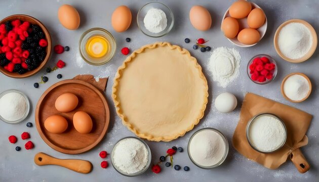Baking utensils and cooking ingredients for tarts, cookies, dough and pastry. Flat lay with eggs, flour, sugar, berries.Top view, mockup for recipe, culinary classes, cooking blog with copy space area