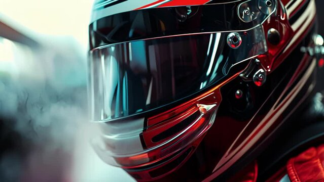A closeup of a drag racers helmet as they lower their visor their eyes focused and determined.
