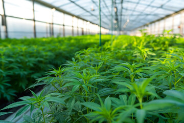 Naklejka premium Inside of large greenhouse filled with lush green marijuana plants, grown under controlled conditions