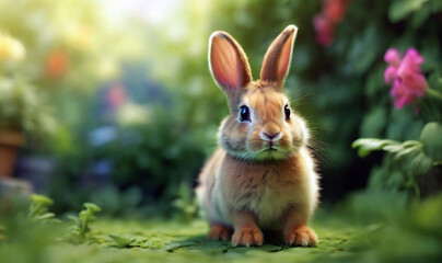 Fototapeta premium A rabbit in the garden among flowers and green shrubs