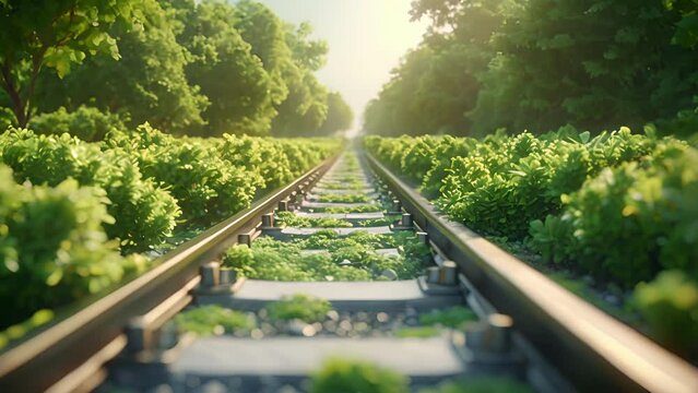A railway track surrounded by greenery symbolizing the benefits of utilizing trains for transportation over trucks or planes in terms of cost and environmental impact.