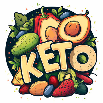 Logo of a Keto Diet Receipe with "KETO" text, Icon of some Keto Vegetables over a White Background. Keto Food Illustration Sticker.