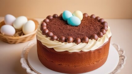Easter cake with chocolate icing and eggs in a cozy atmosphere.Easter concept