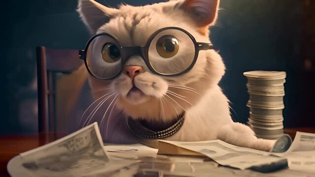 Cat Wearing Glasses Sitting at a Table With Stacks of Money Generative AI - Powered by Adobe