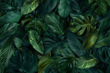 Lush Tropical Foliage: Wallpaper Featuring Rich Green Leaves of the Tropic - obrazy, fototapety, plakaty