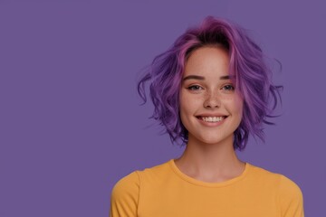 Fototapeta premium Vibrant Portrait of a Cheerful Happy Smiling Young Caucasian Woman with Colorful Hair Isolated on Light Purple Background. Generative AI. 