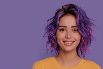 Fototapeta premium Vibrant Portrait of a Cheerful Happy Smiling Young Caucasian Woman with Colorful Hair Isolated on Light Purple Background. Generative AI. 