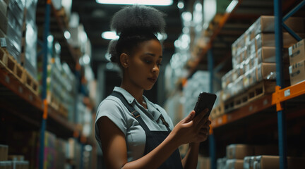 Fototapeta premium Female entrepreneur checking a text on her mobile phone, organizing logistics for product delivery in her stockroom, and managing an e-retail venture
