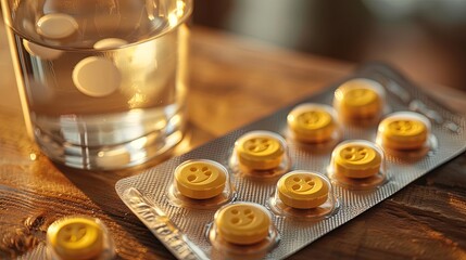 Fototapeta na wymiar Pill blister, the pills are yellow with smiling faces, on table next to a glass of water.