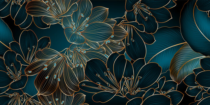 Luxury golden seamless floral pattern  with leaves  and clivia flower.