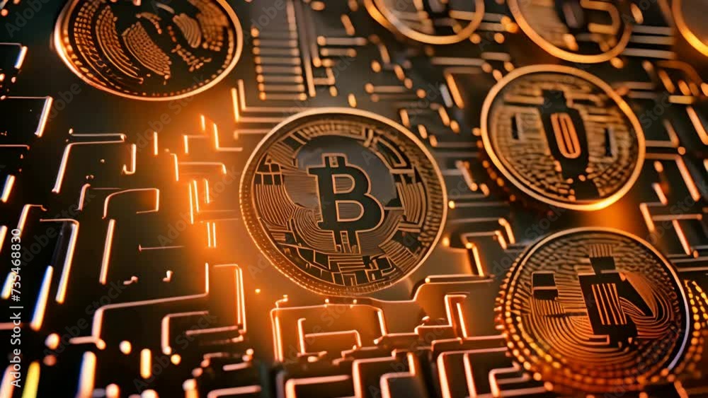 Poster golden bitcoin tokens on circuit board representing cryptocurrency generative ai