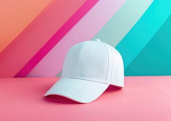 Fototapeta premium Advertising shot of white fabric sport, denim, every day, tennis head cap laying on pink surface with colorful background