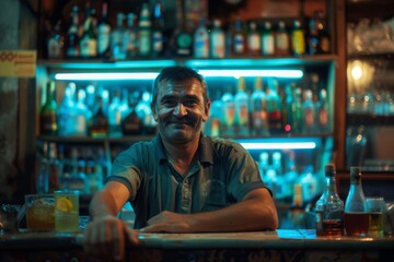 Friendly Bartender: Male Professional Stands Behind the Bar with a Warm Smile