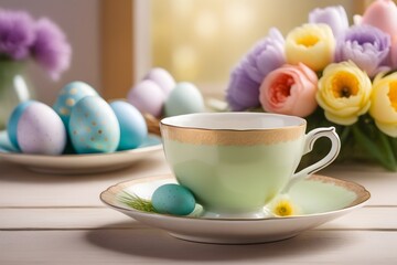 a table that has a cup and saucer on it, , folk art, easter, soft bright pastel, bokeh&rdquo;, decoration around the room, high quality product image&rdquo;