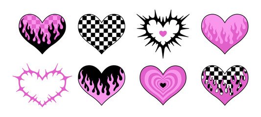 Y2k pink heart stickers. Neo tribal set. Hand drawn vector illustration. Retro sticker collection. Stylised heart prints.