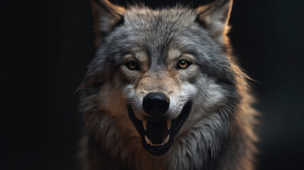 grin of a wolf close up photo - obrazy, fototapety, plakaty