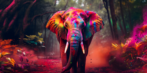 elephant in holi colors against bright colorful jungle background, multicolored explosions of holi colors, holi festival - obrazy, fototapety, plakaty