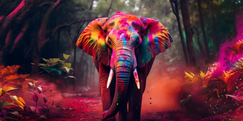 Foto op Aluminium elephant in holi colors against bright colorful jungle background, multicolored explosions of holi colors, holi festival © Svitlana Sylenko