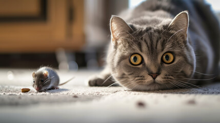 Fat grey cat hunting to mouse inside house, face of funny pet playing on floor at home, portrait of happy domestic animal. Concept of attack, humor, food,
