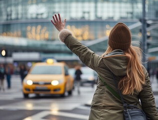 Girl dressed autumn outfit calling yellow taxi cab raising arm waving gesture in the city airport...