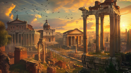 Ancient Rome at sunset, scenery of buildings and ruins in summer. Beautiful sunny panorama of historical city houses, sun and sky. Concept of Roman Empire, antique, painting, background. - obrazy, fototapety, plakaty