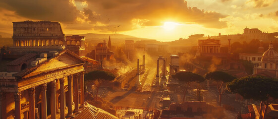 Ancient Rome at sunset, aerial view of old buildings and ruins in summer. Beautiful panorama of historical city houses, sky and sun. Concept of Roman Empire, antique, travel, skyline